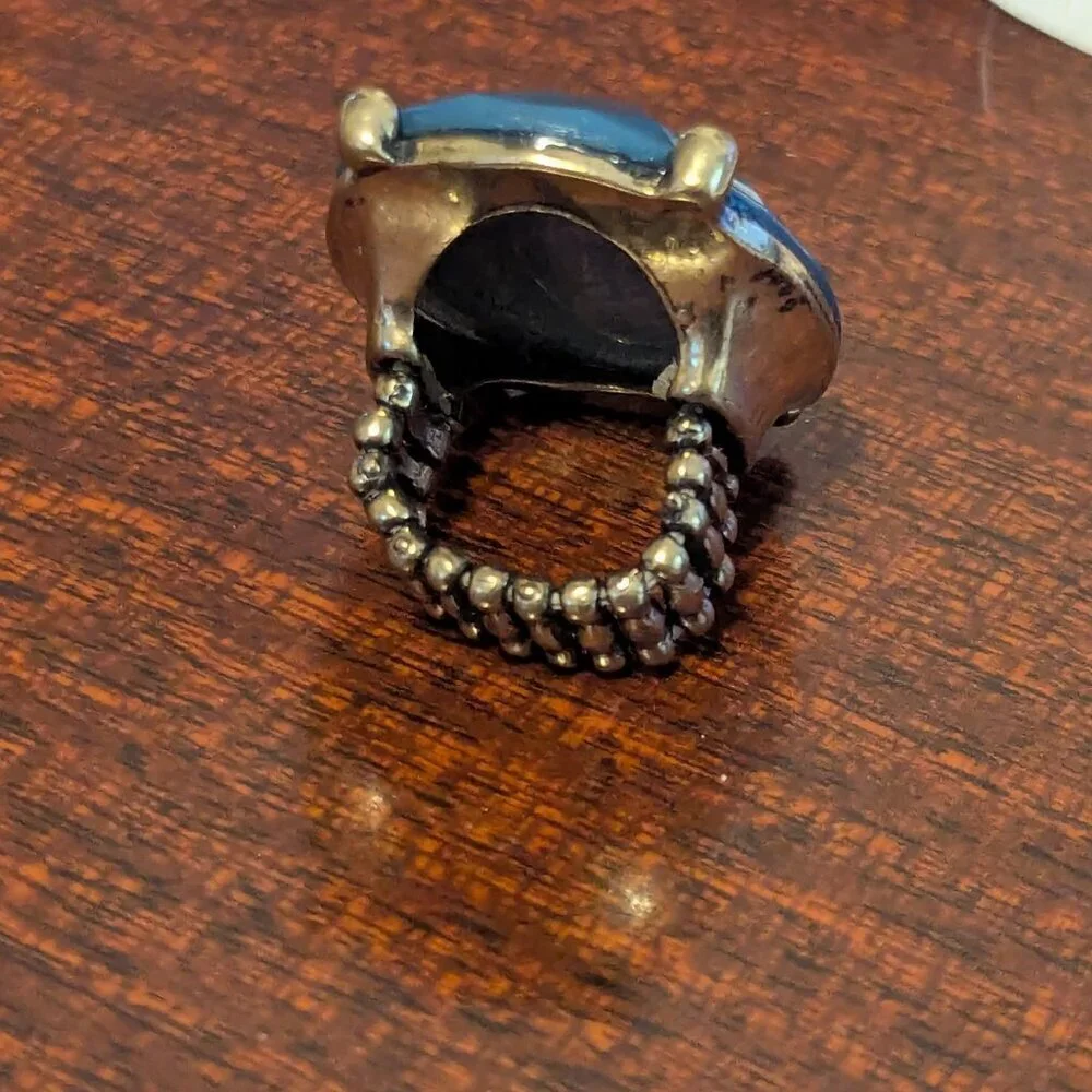Blue Stone Ring Stretch‎ Band Diamond Cut Prong Bezel Adjustable Boho Statement